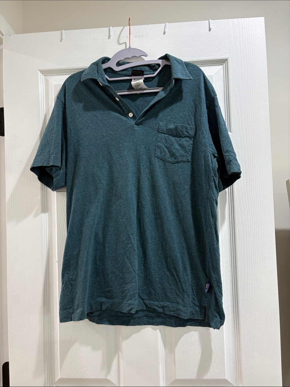 Patagonia Men's Medium Teal Short-Sleeve Polo Shirt with Pocket Organic Cotton